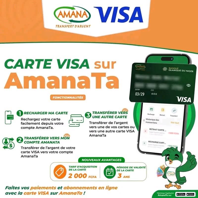 La 𝗰𝗮𝗿𝘁𝗲 𝗩𝗜𝗦𝗔 𝘀𝘂𝗿 𝗔𝗺𝗮𝗻𝗮𝗧𝗮 est de retour avec encore plus de fonctionnalités et d’avantages ! Gérez vos paiements, vos transferts et vos abonnements en ligne directement depuis votre application AmanaTa avec votre carte VISA, en toute simplicité. Avec ses nouveaux avantages et ses nouvelles fonctionnalités, la carte VISA sur AmanaTa vous offre encore plus de possibilités pour vos usages du quotidien, au Niger comme à l’international. 🌍 Amana & VISA — le paiement sans frontières, accessible à tous.